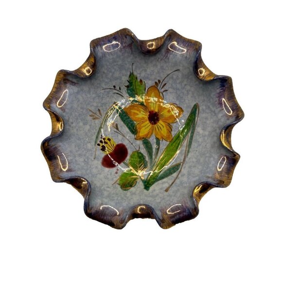 Italian Floral Daisy Folded Edge Blue 7" Large Dish Gold Gilt Hand Painted - Picture 1 of 13